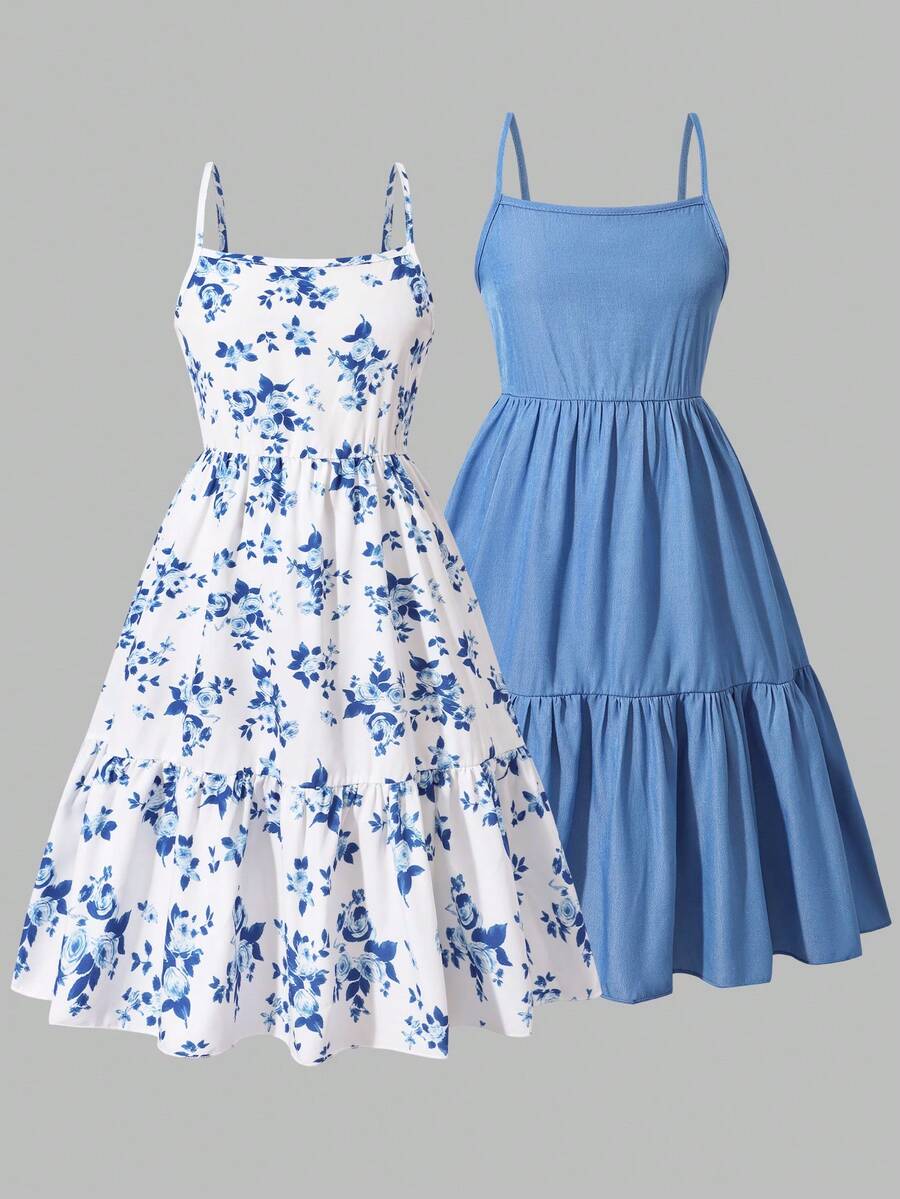 Tween girl blue plant print spaghetti strap cami dress with shirred high waist and flounce ruffled hem