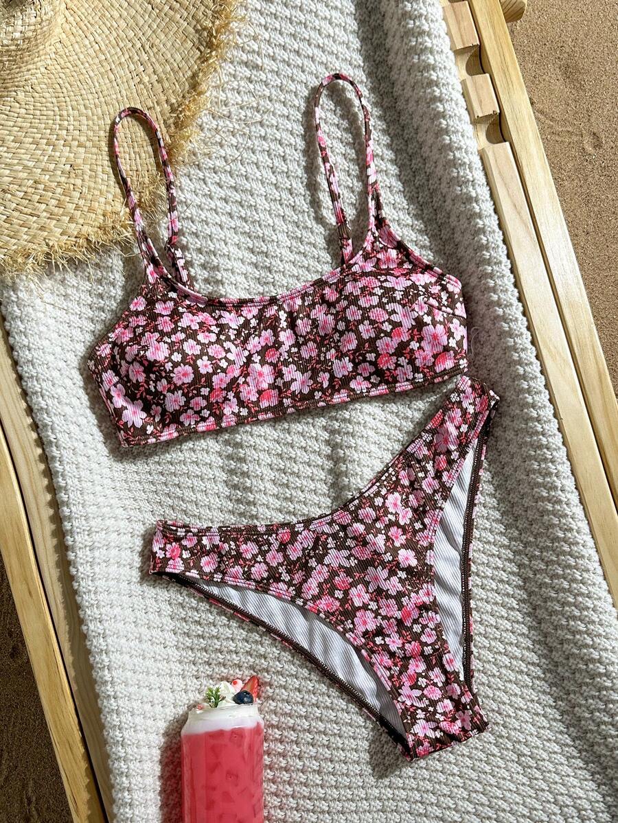 Apricot ribbed high waist two piece bikini swimsuit set for women featuring backless spaghetti strap top and high waisted bottoms.