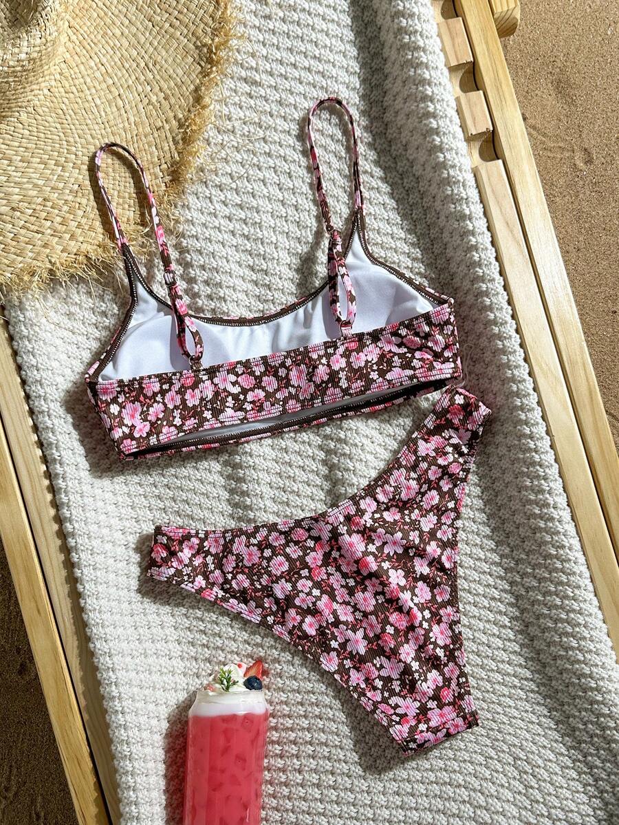 Apricot ribbed high waist two piece bikini swimsuit set for women featuring backless spaghetti strap top and high waisted bottoms.