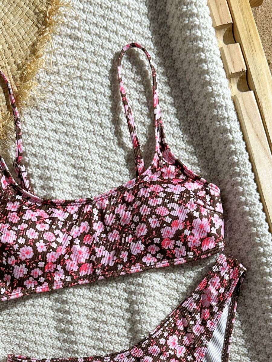 Apricot ribbed high waist two piece bikini swimsuit set for women featuring backless spaghetti strap top and high waisted bottoms.