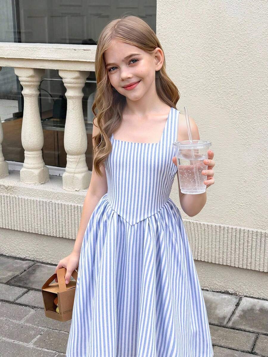 Tween girls pink floral sleeveless A-line midi dress featuring round neck, high waist with belt, contrast lace, and zipper back.