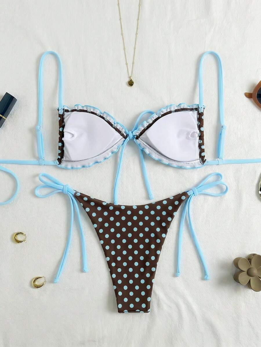 Women's beige two-piece bikini set featuring a wireless top with removable padding, spaghetti straps, tie back detail, and low waist hipster swimsuit bottoms.