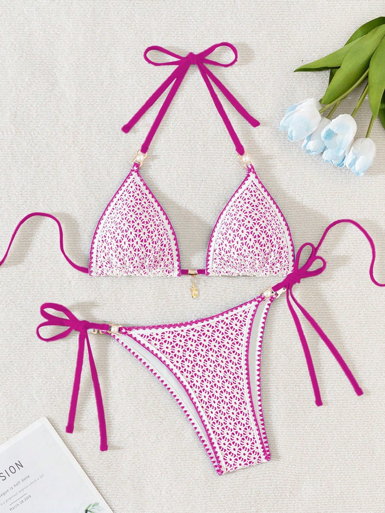 Women's triangle bikini set with contrast lace wireless bra top and ultra high waist tie side bottoms.