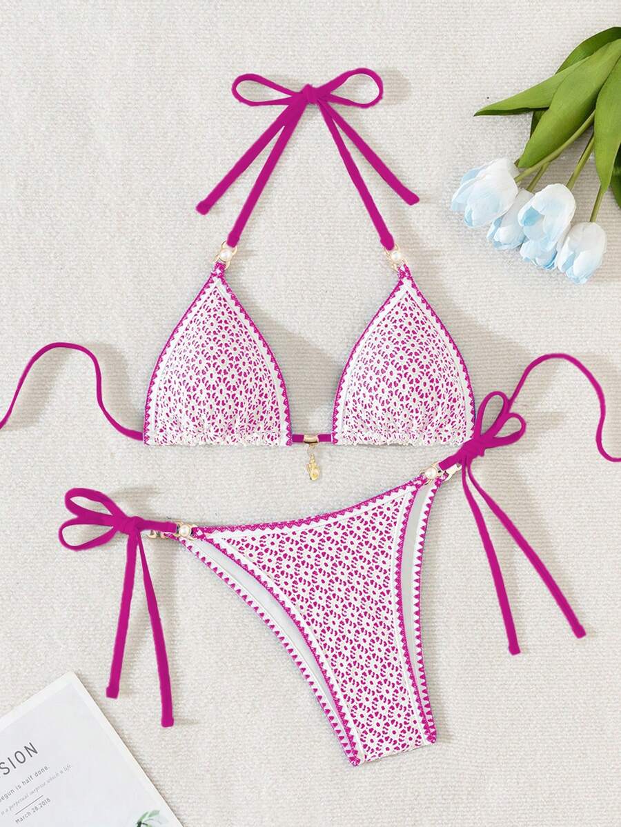 Women's triangle bikini set with contrast lace wireless bra top and ultra high waist tie side bottoms.