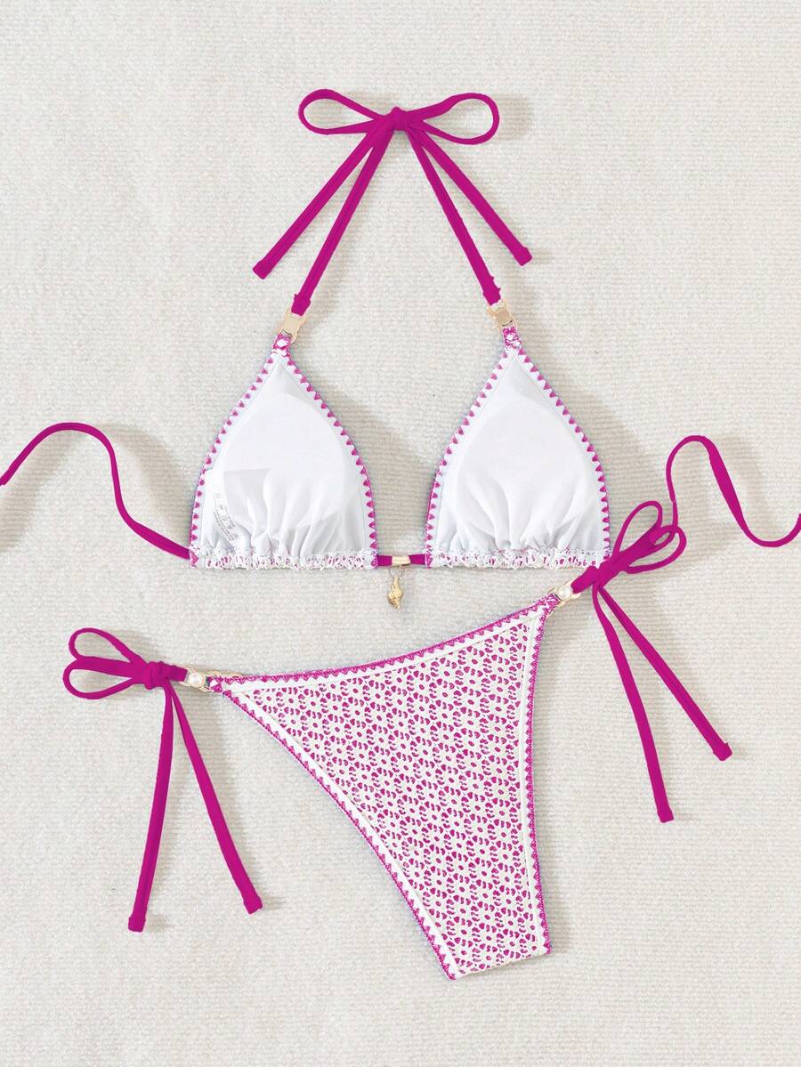 Women's triangle bikini set with contrast lace wireless bra top and ultra high waist tie side bottoms.