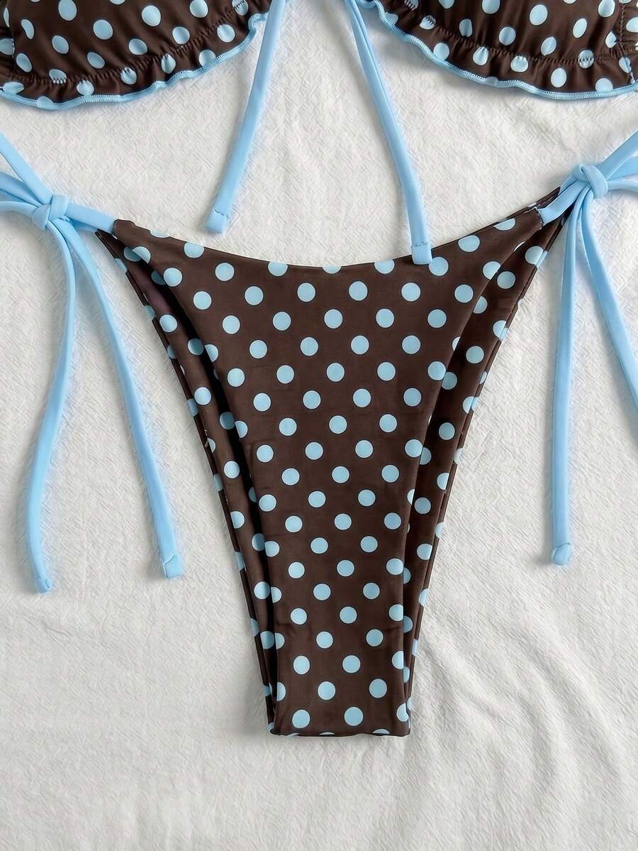 Women's beige two-piece bikini set featuring a wireless top with removable padding, spaghetti straps, tie back detail, and low waist hipster swimsuit bottoms.