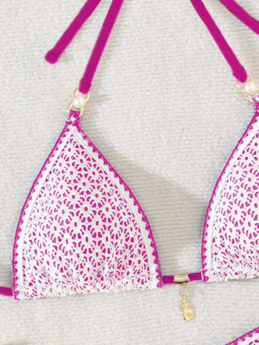 Women's triangle bikini set with contrast lace wireless bra top and ultra high waist tie side bottoms.