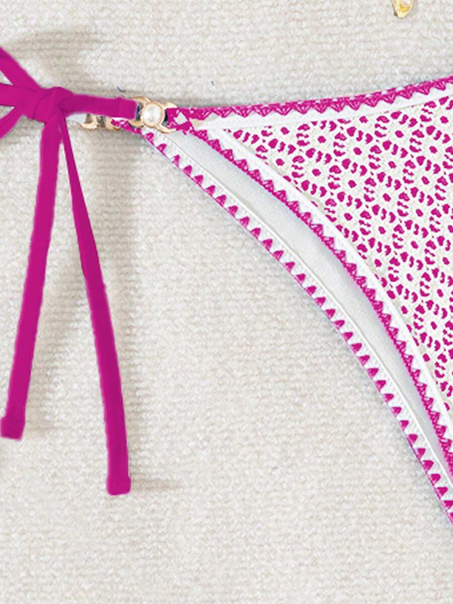 Women's triangle bikini set with contrast lace wireless bra top and ultra high waist tie side bottoms.