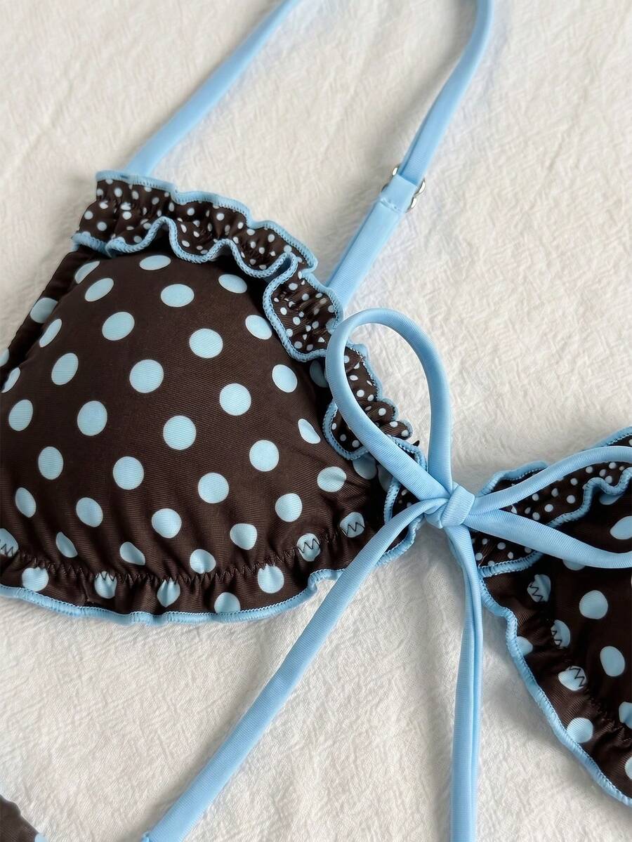 Women's beige two-piece bikini set featuring a wireless top with removable padding, spaghetti straps, tie back detail, and low waist hipster swimsuit bottoms.