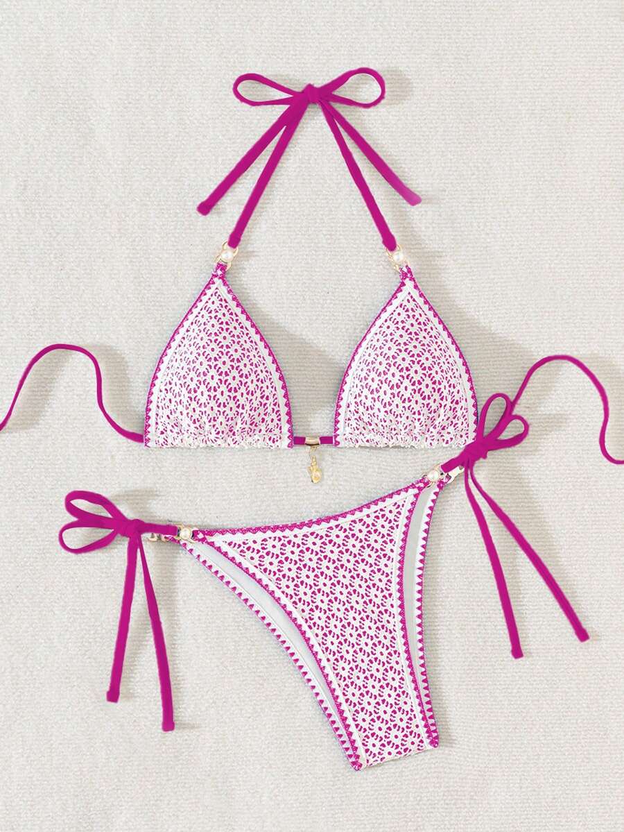 Women's triangle bikini set with contrast lace wireless bra top and ultra high waist tie side bottoms.