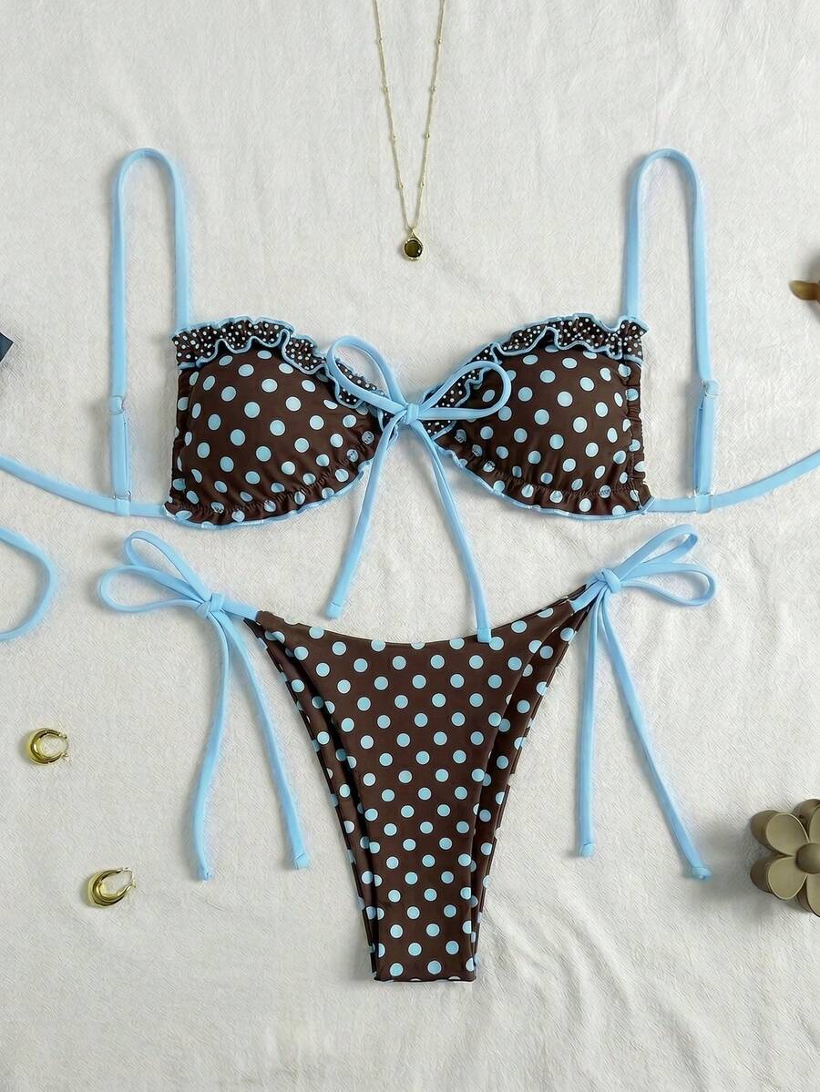 Women's beige two-piece bikini set featuring a wireless top with removable padding, spaghetti straps, tie back detail, and low waist hipster swimsuit bottoms.