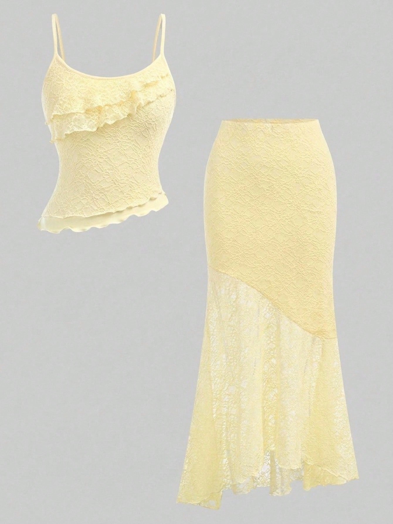 Tween girls blue 2-piece set featuring a short spaghetti strap lace tank top with asymmetrical lettuce trim and a long matching skirt.