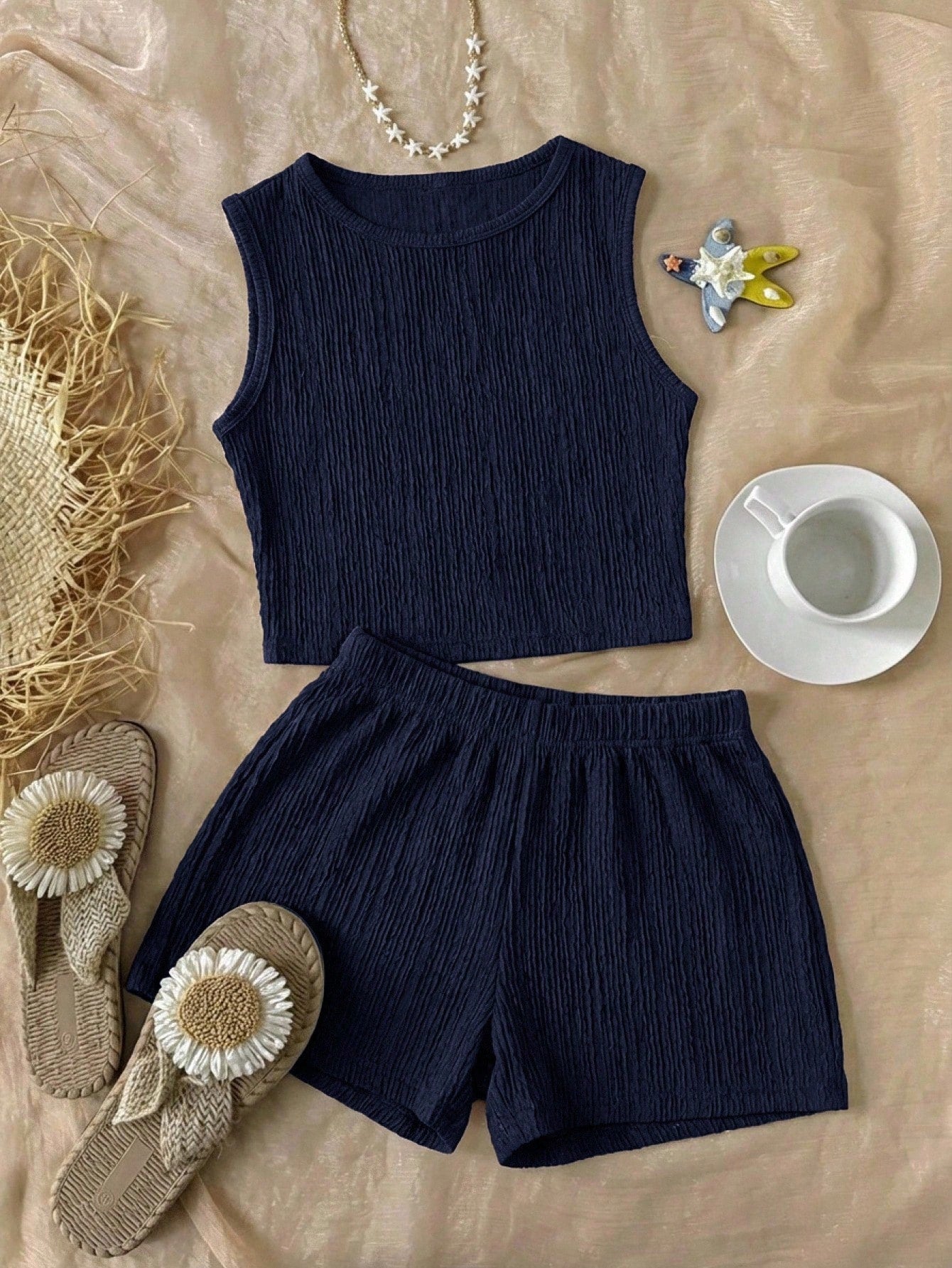 Tween girls black rib-knit round neck slim fit top and textured shorts casual summer set.