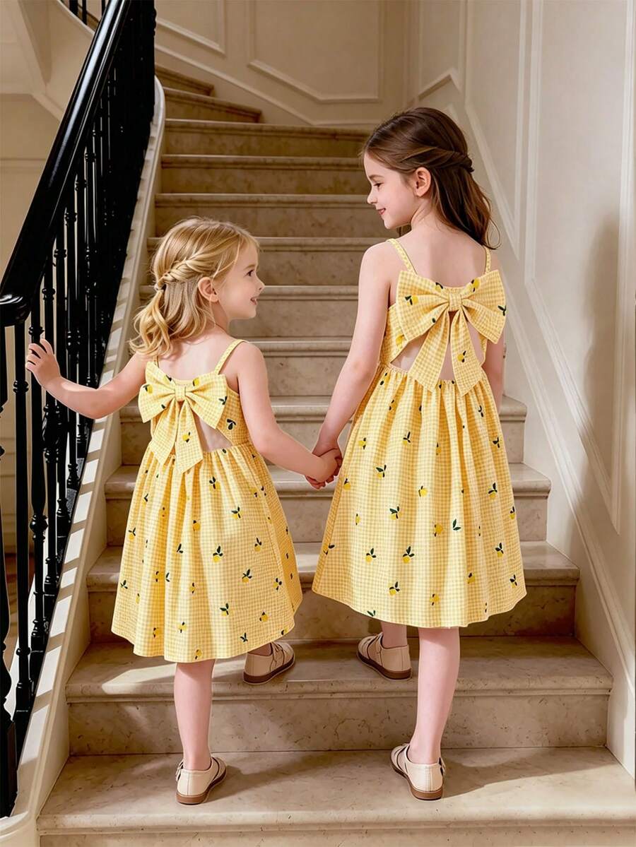Tween girl wearing an apricot floral print sleeveless mini cami dress featuring spaghetti straps, a shirred high waist, flounce hem, and a bow back detail.
