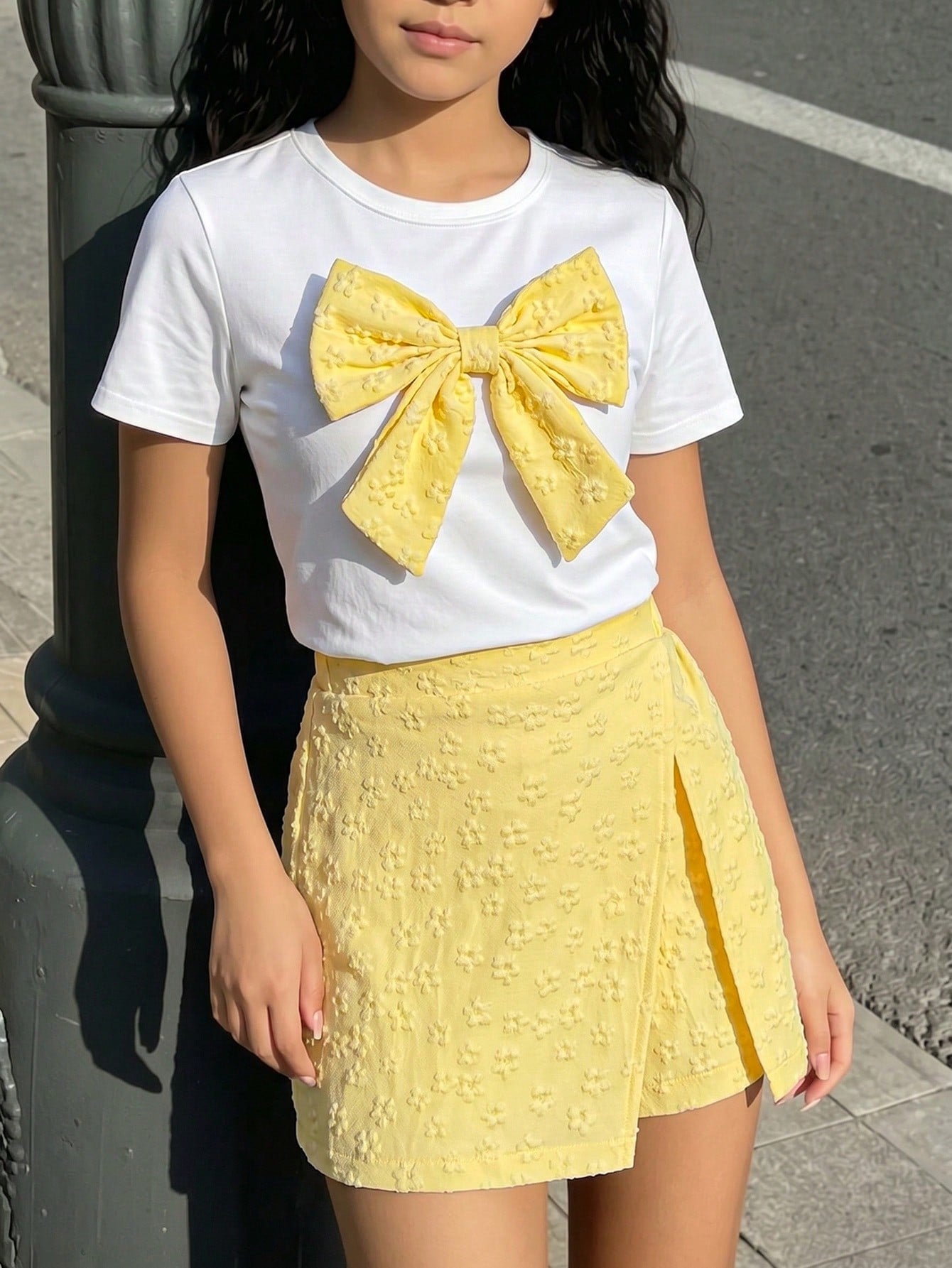 Tween girls 2-piece blue outfit featuring a short sleeve round neck t-shirt with a bow front detail and an asymmetric wrap skort.