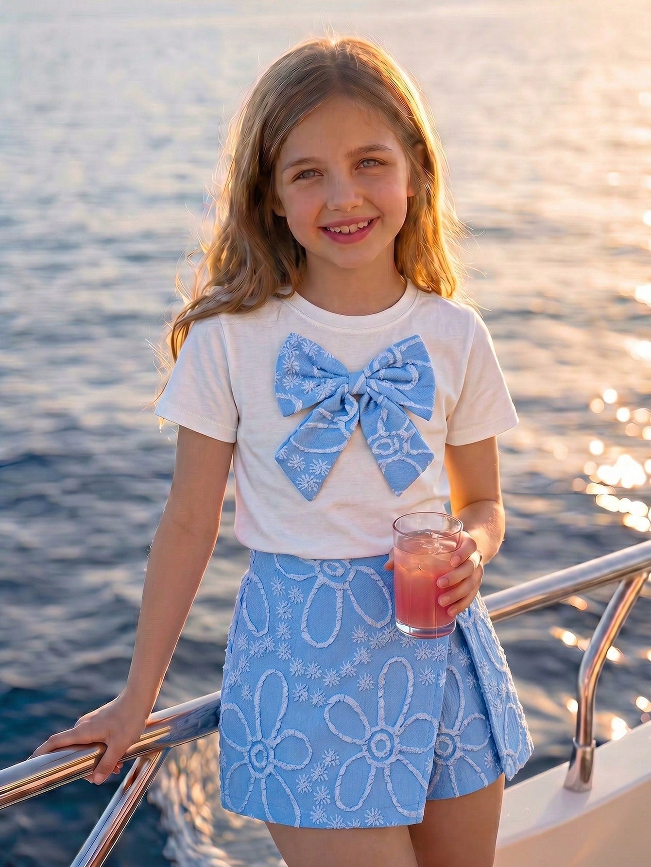 Tween girls 2-piece blue outfit featuring a short sleeve round neck t-shirt with a bow front detail and an asymmetric wrap skort.