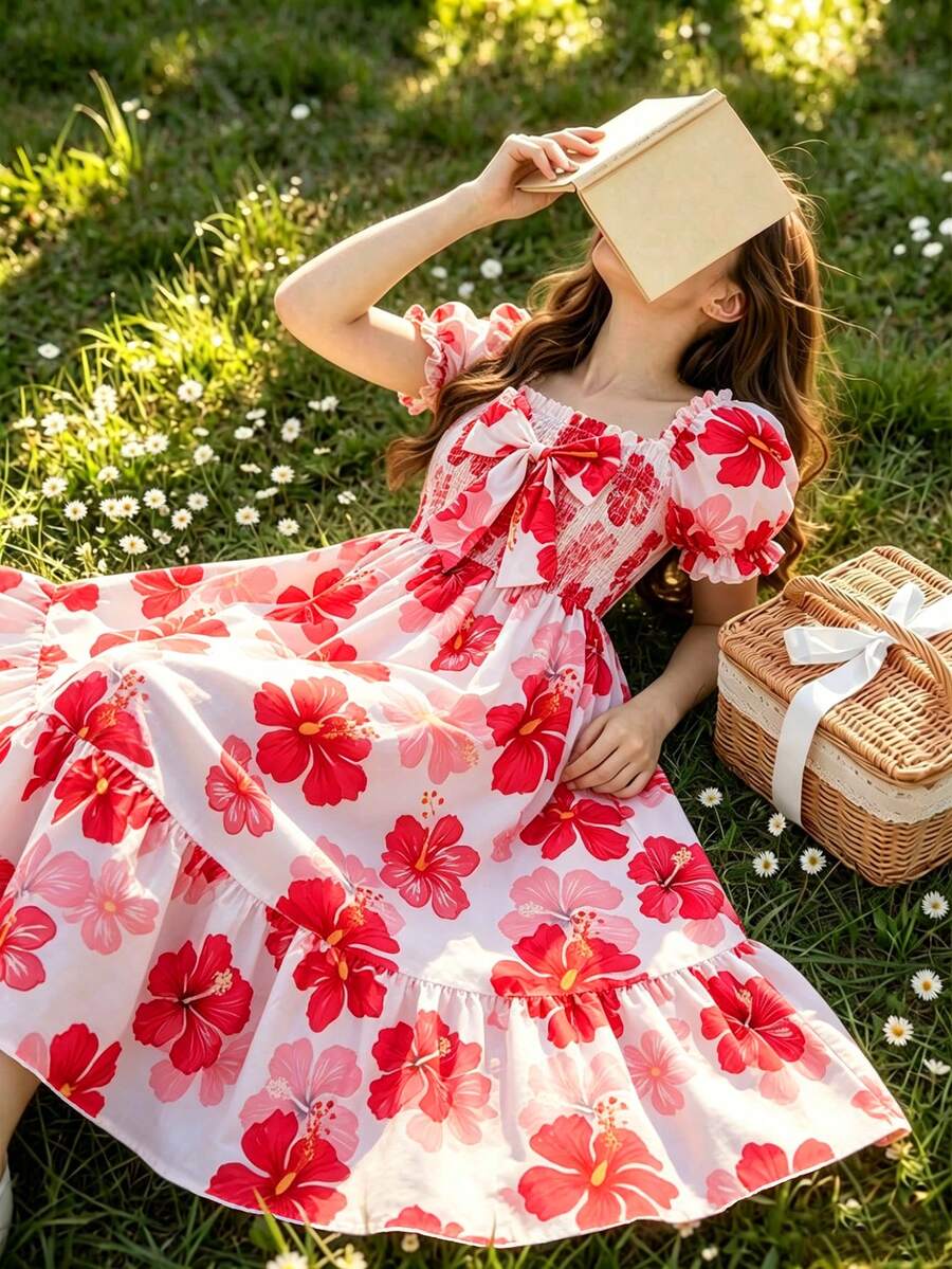 ChillGRL square neck short puff sleeve A-line long dress for teen girls featuring shirred high waist detailing and a flounce hem.