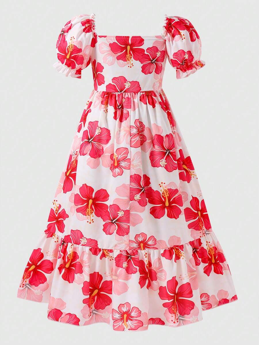 ChillGRL square neck short puff sleeve A-line long dress for teen girls featuring shirred high waist detailing and a flounce hem.