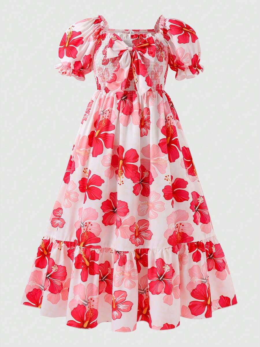ChillGRL square neck short puff sleeve A-line long dress for teen girls featuring shirred high waist detailing and a flounce hem.