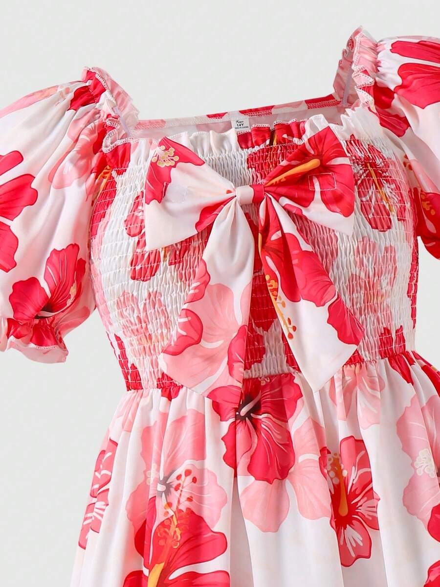 ChillGRL square neck short puff sleeve A-line long dress for teen girls featuring shirred high waist detailing and a flounce hem.