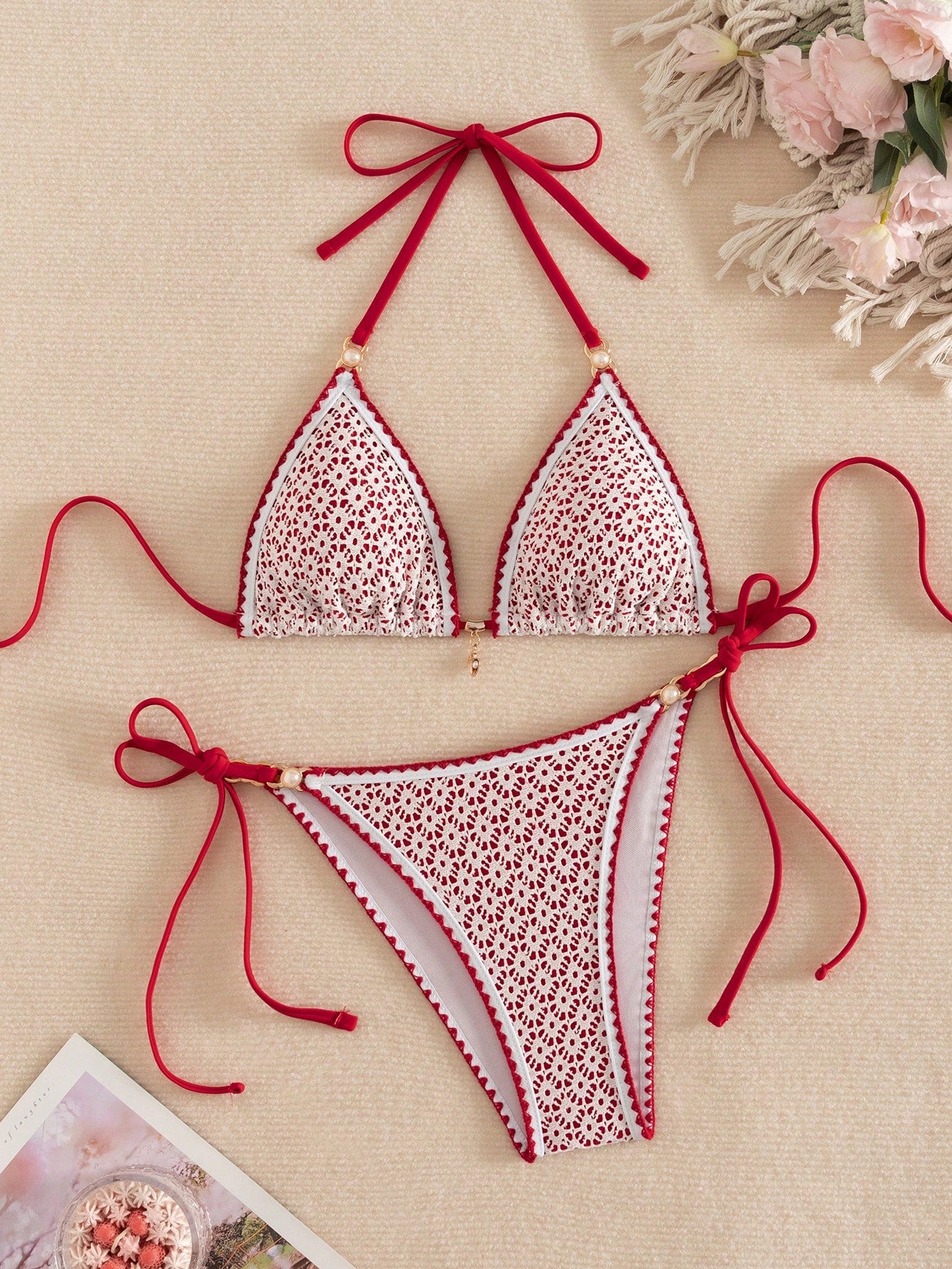 Women's triangle bikini set with contrast lace wireless bra top and ultra high waist tie side bottoms.