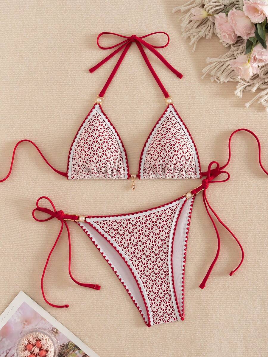 Women's triangle bikini set with contrast lace wireless bra top and ultra high waist tie side bottoms.