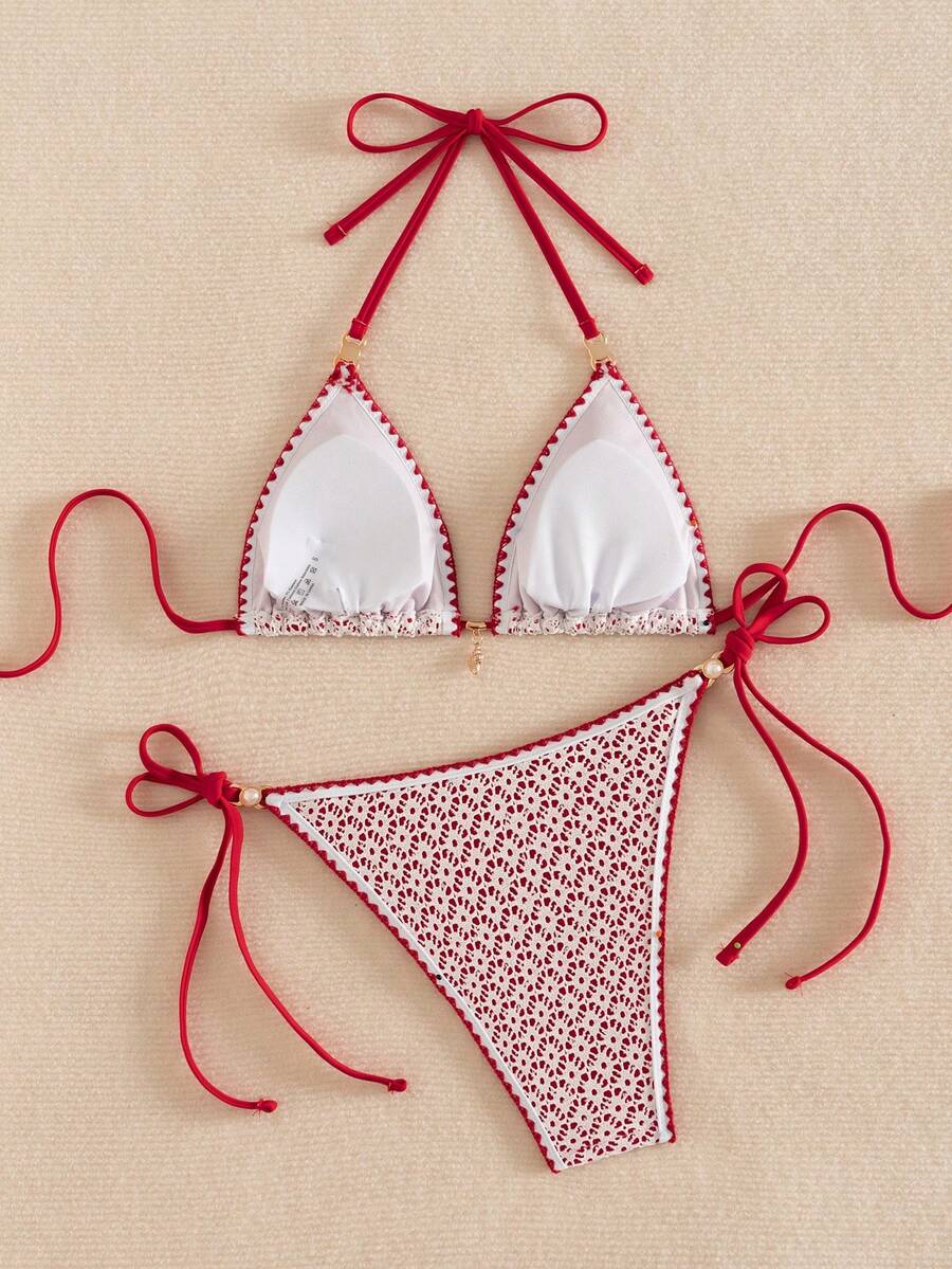 Women's triangle bikini set with contrast lace wireless bra top and ultra high waist tie side bottoms.