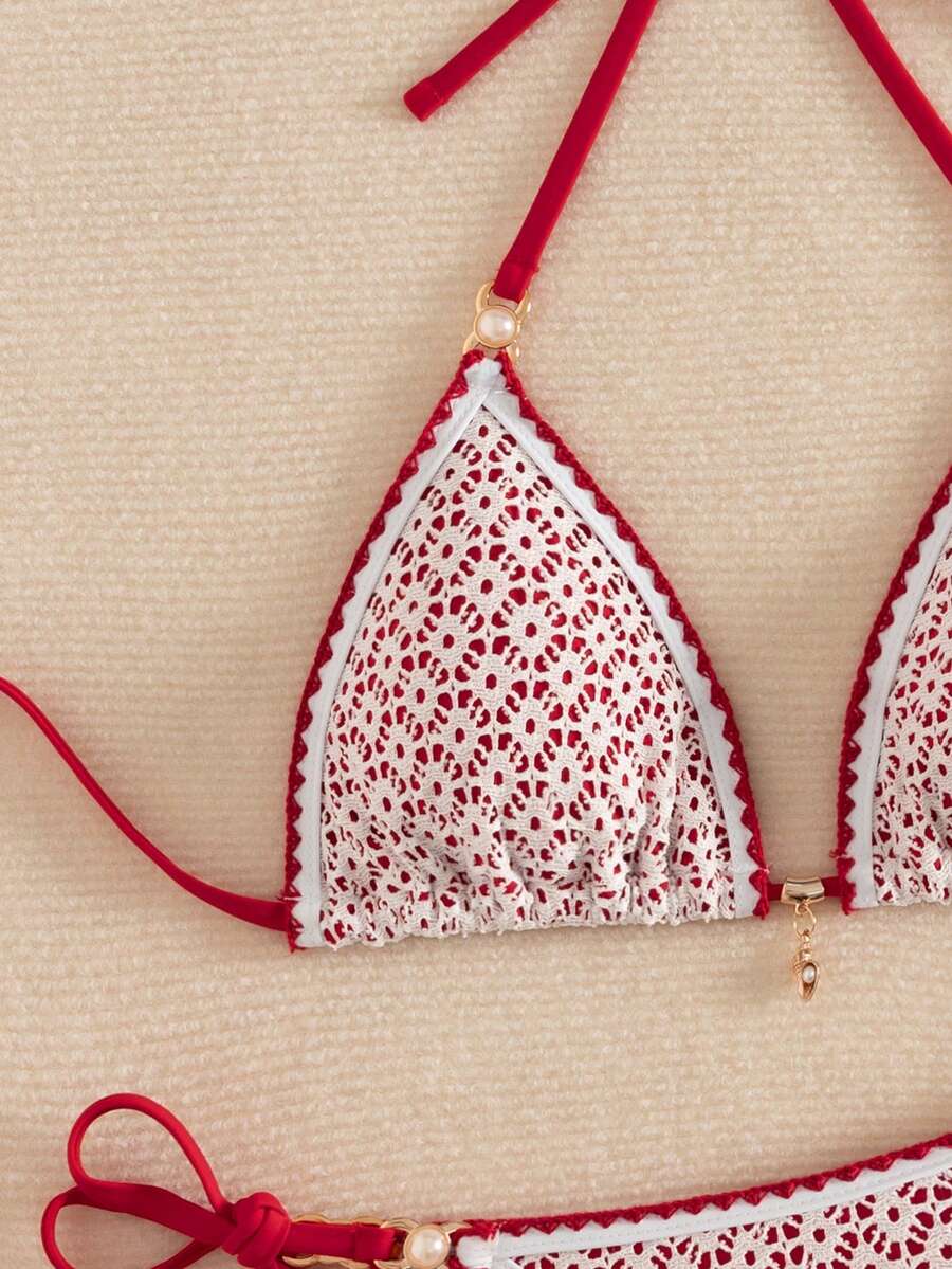 Women's triangle bikini set with contrast lace wireless bra top and ultra high waist tie side bottoms.