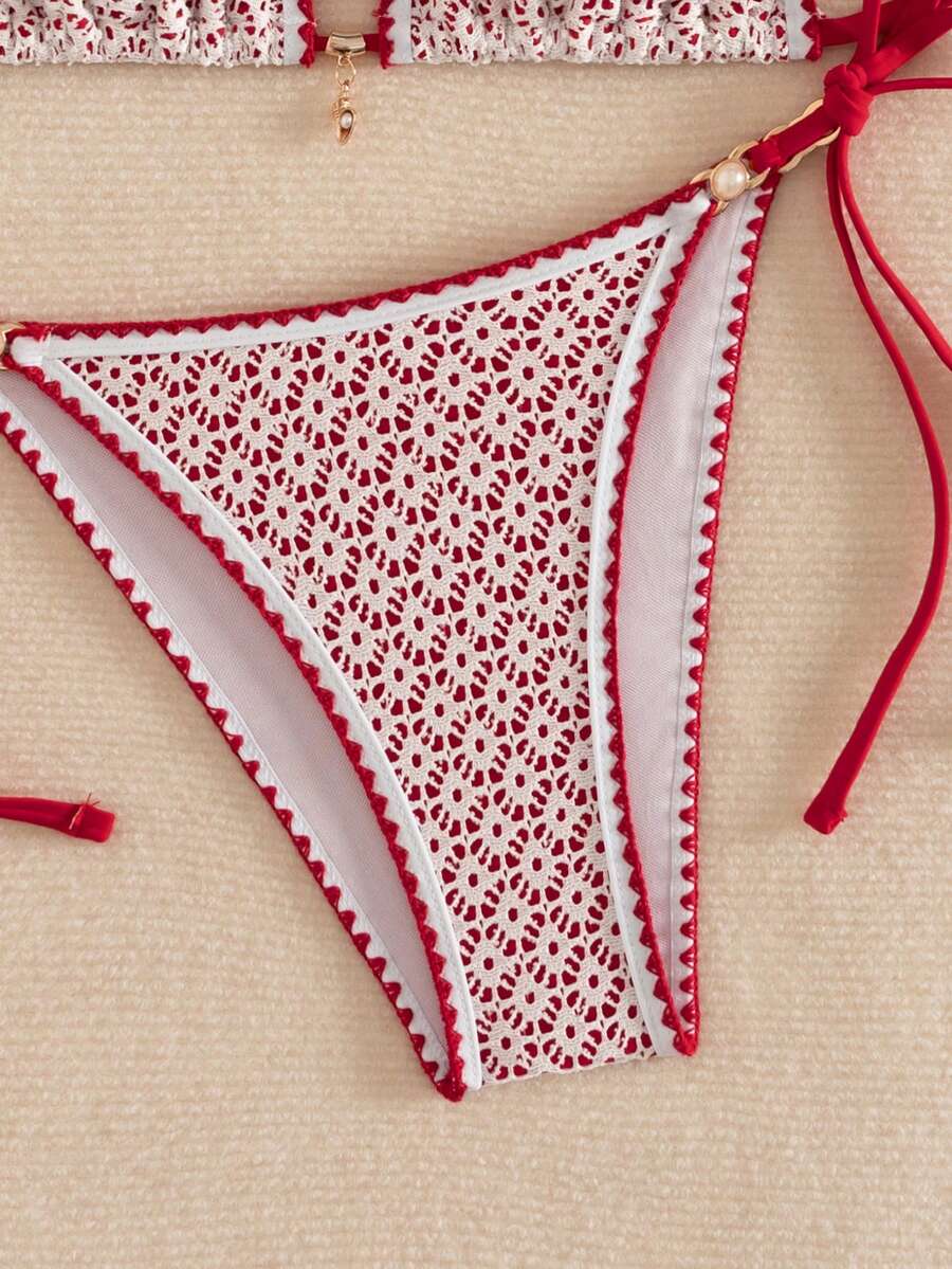 Women's triangle bikini set with contrast lace wireless bra top and ultra high waist tie side bottoms.