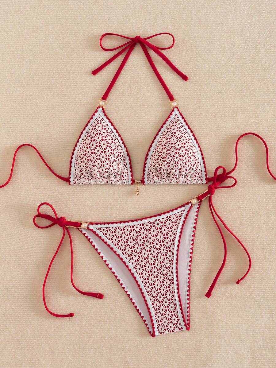 Women's triangle bikini set with contrast lace wireless bra top and ultra high waist tie side bottoms.