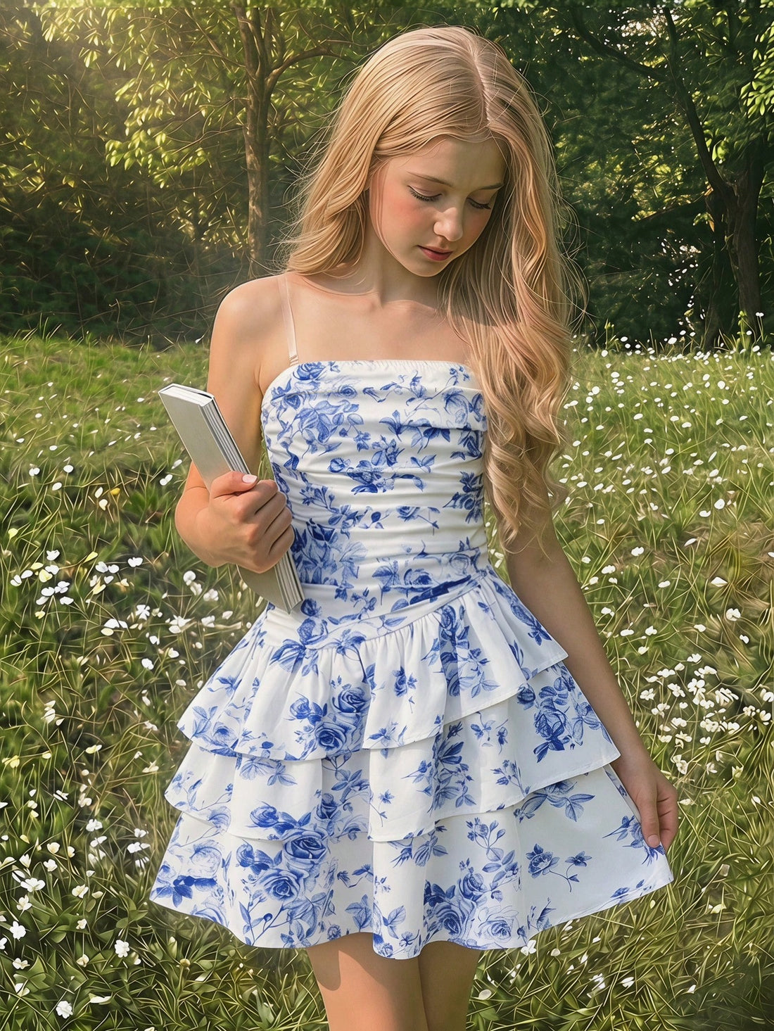 Tween girls strapless tube dress with plant print, belted high waist, tiered layer, zipper detail, flared hem, and short slim fit