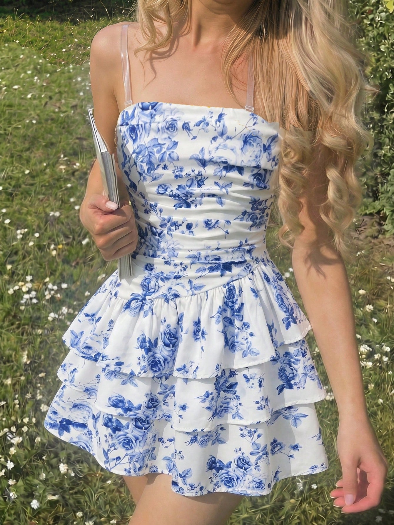 Tween girls strapless tube dress with plant print, belted high waist, tiered layer, zipper detail, flared hem, and short slim fit