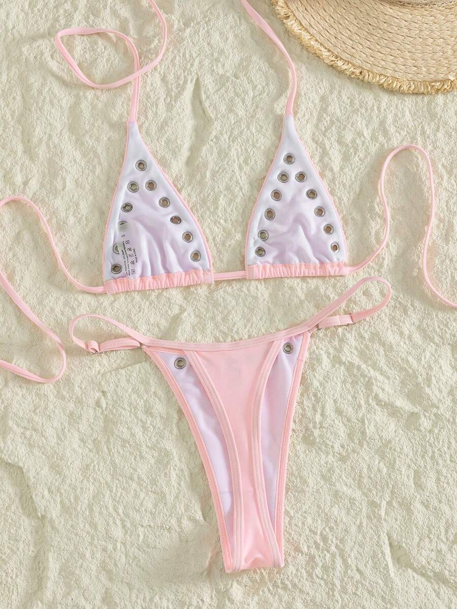 Women's plain halter bikini set with a wireless micro bra tie-back top and high waist thong bottom.