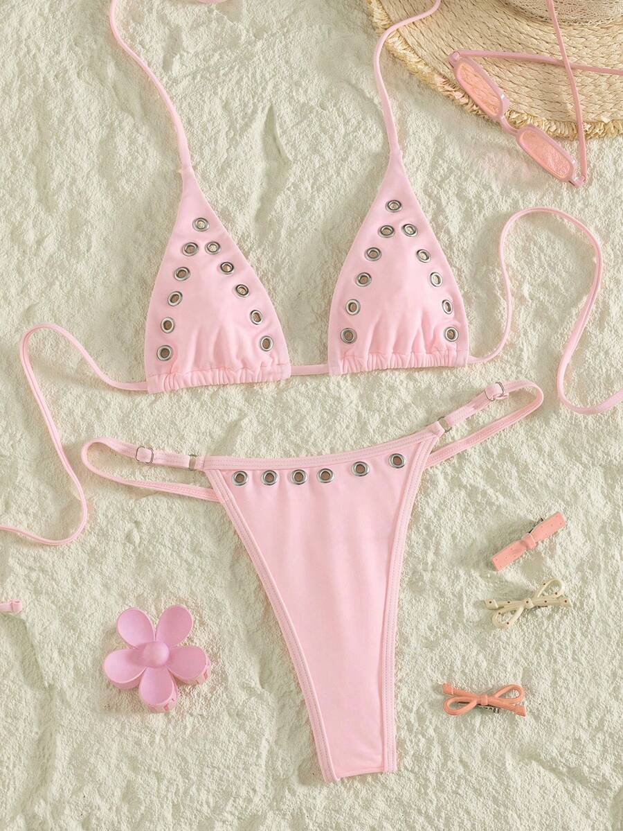 Women's plain halter bikini set with a wireless micro bra tie-back top and high waist thong bottom.
