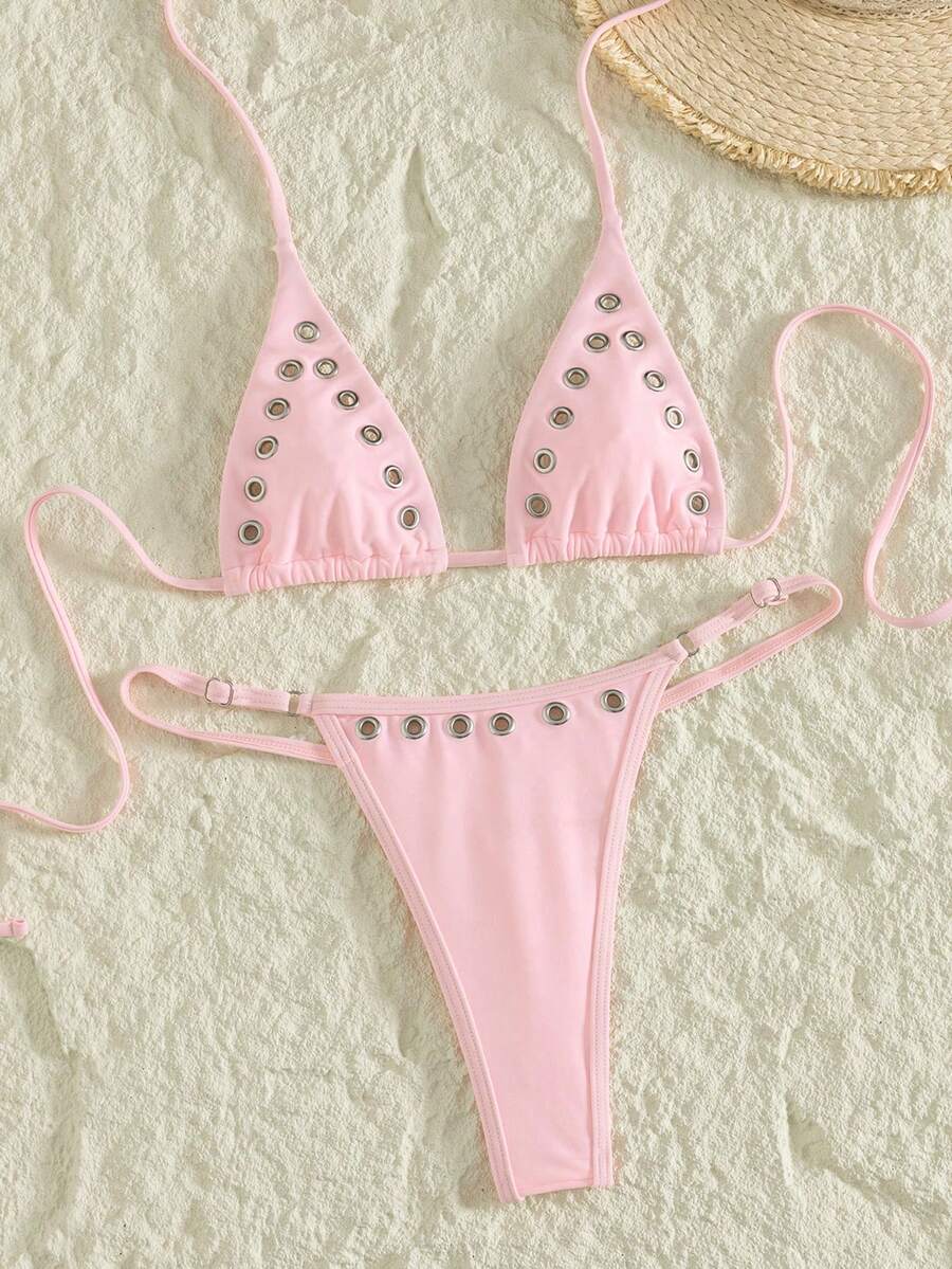 Women's plain halter bikini set with a wireless micro bra tie-back top and high waist thong bottom.