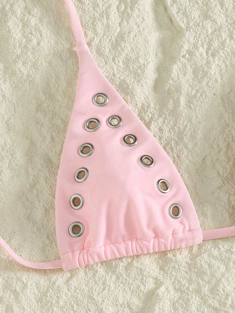 Women's plain halter bikini set with a wireless micro bra tie-back top and high waist thong bottom.