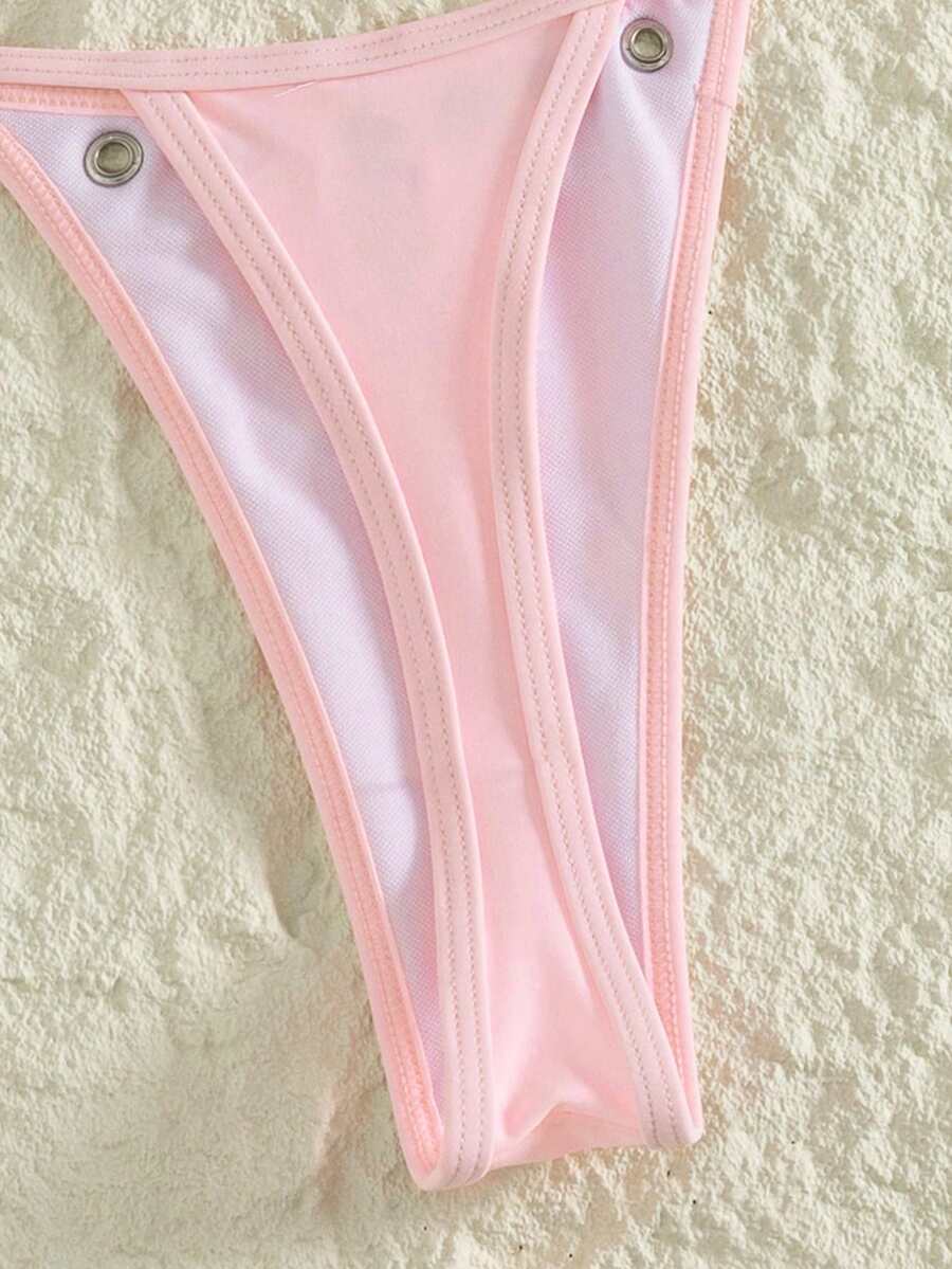 Women's plain halter bikini set with a wireless micro bra tie-back top and high waist thong bottom.
