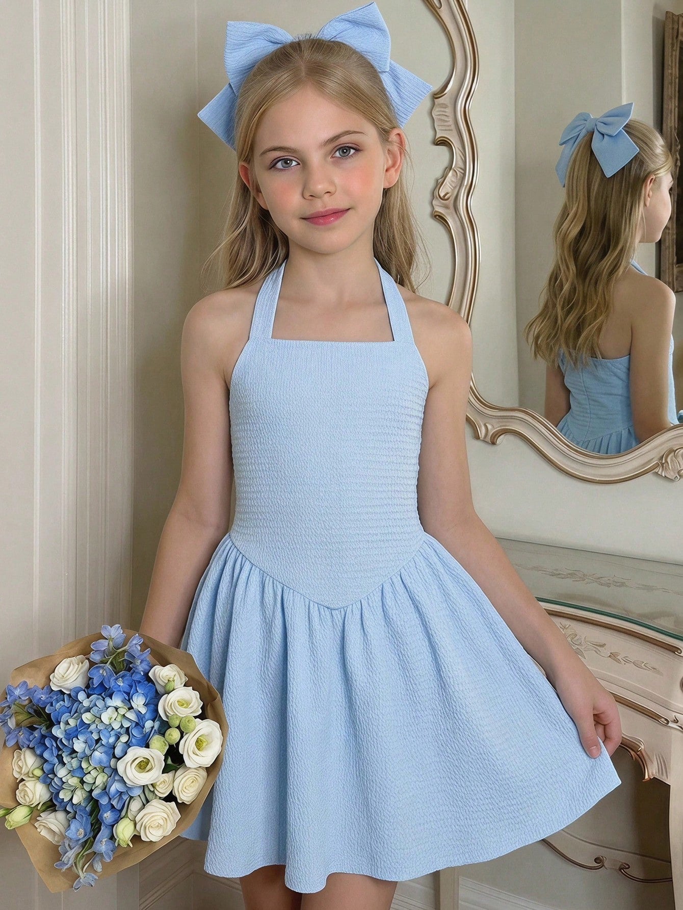 Black sleeveless halter polka dot mini dress for tween girls featuring a high waist and flared hem