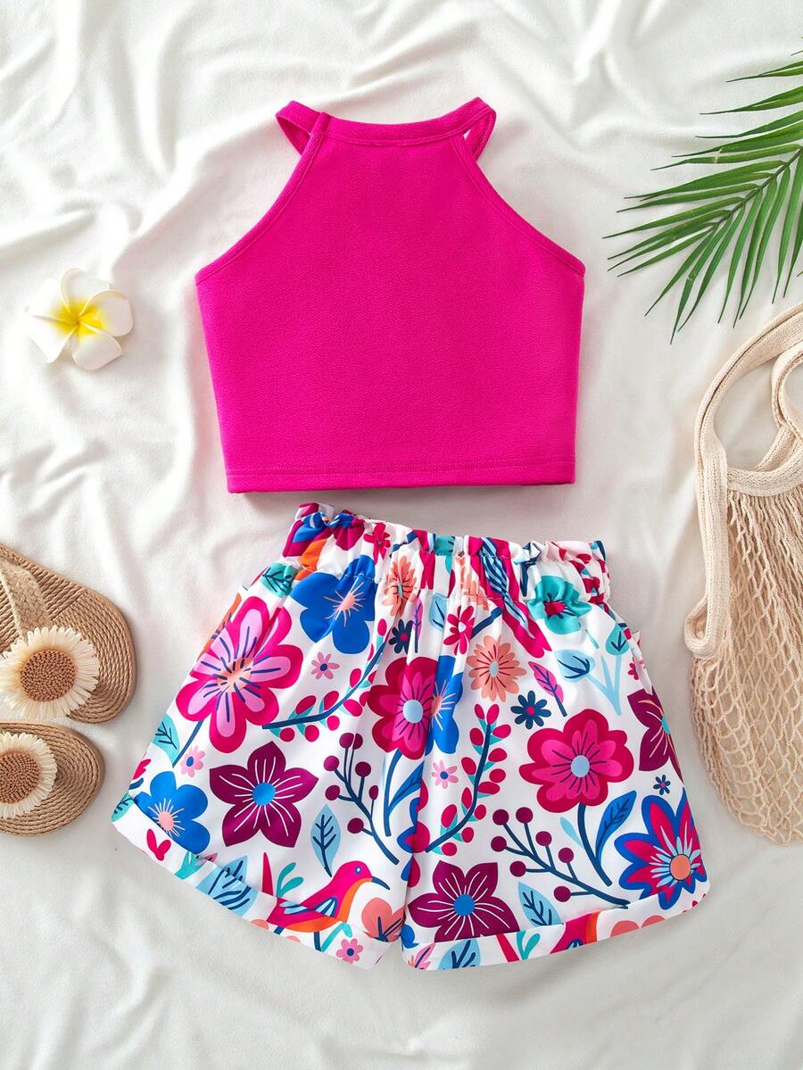 Tween girl 2-piece casual outfit set featuring a solid beige knit halter sleeveless top with belted detail and matching shorts.