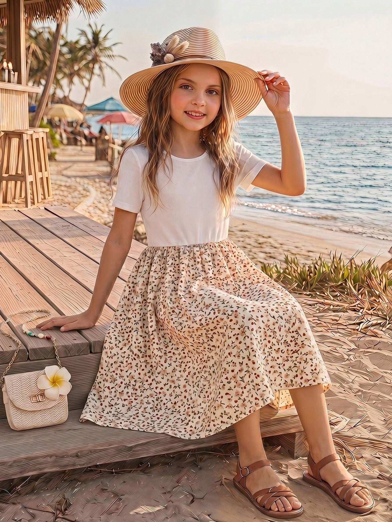 Tween girl wearing an apricot short sleeve A-line dress featuring a round neck, high waist with a belt, and flared hem.