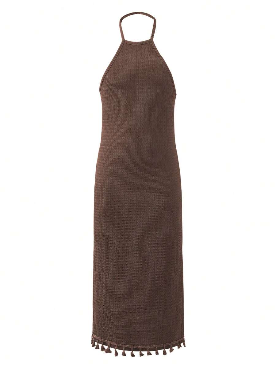 White sleeveless halter maxi dress for tween girls with slim fit, plain textured fabric, natural waist, pencil hem, and side split for summer daily wear and vacation outfits.