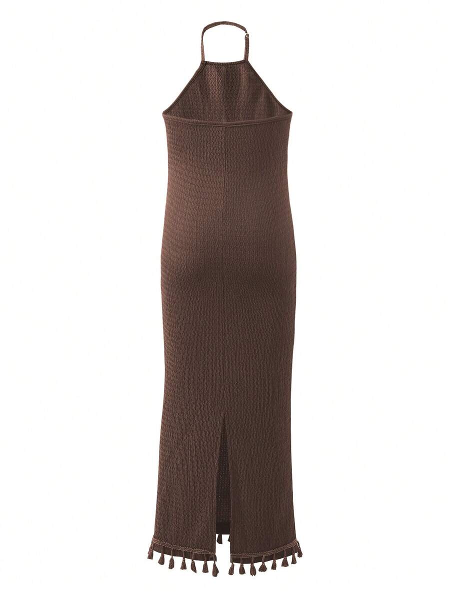 White sleeveless halter maxi dress for tween girls with slim fit, plain textured fabric, natural waist, pencil hem, and side split for summer daily wear and vacation outfits.