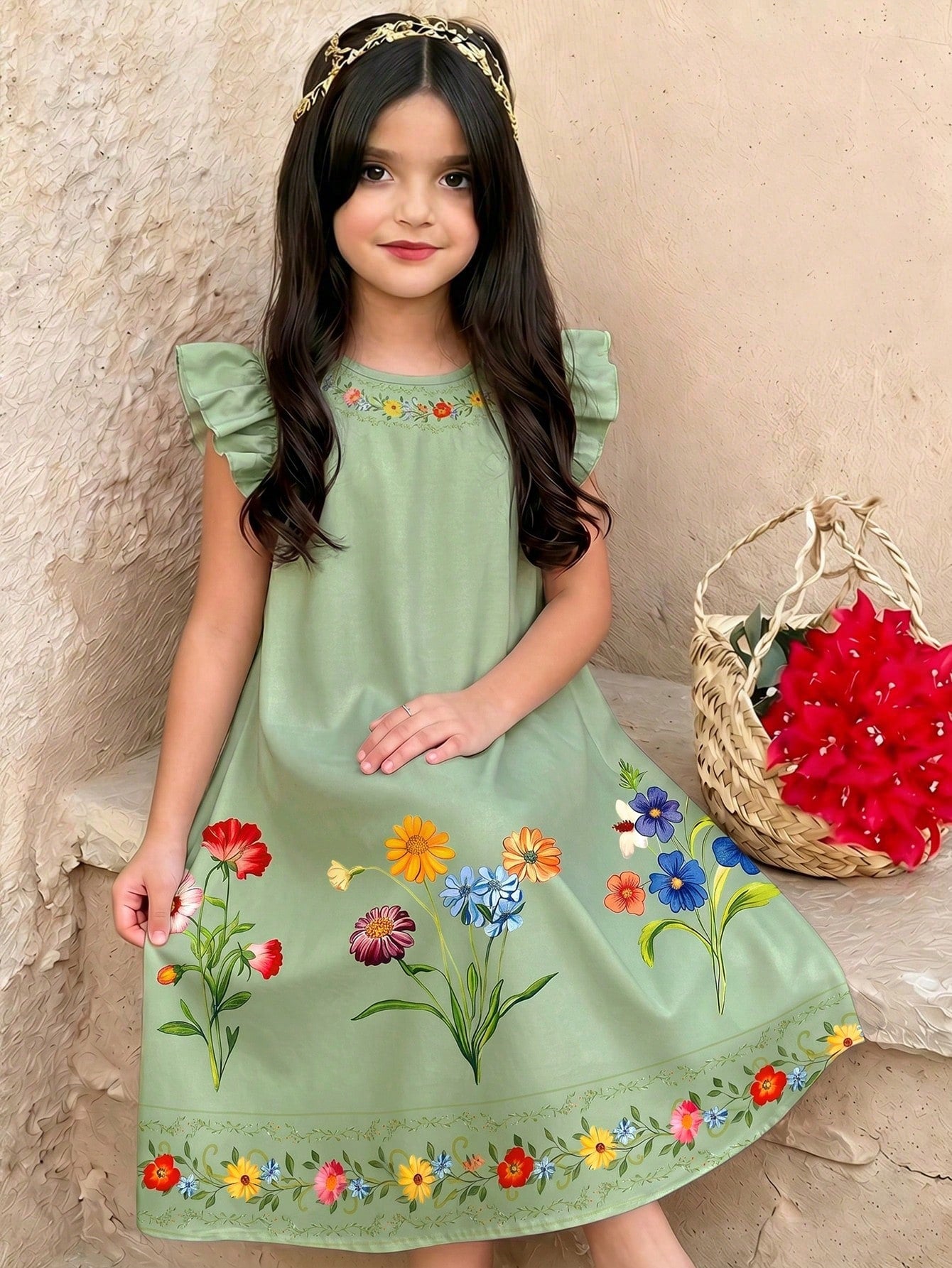 Tween girl wearing a sleeveless black tunic dress featuring a round neck, contrast lace details, and a straight hem.