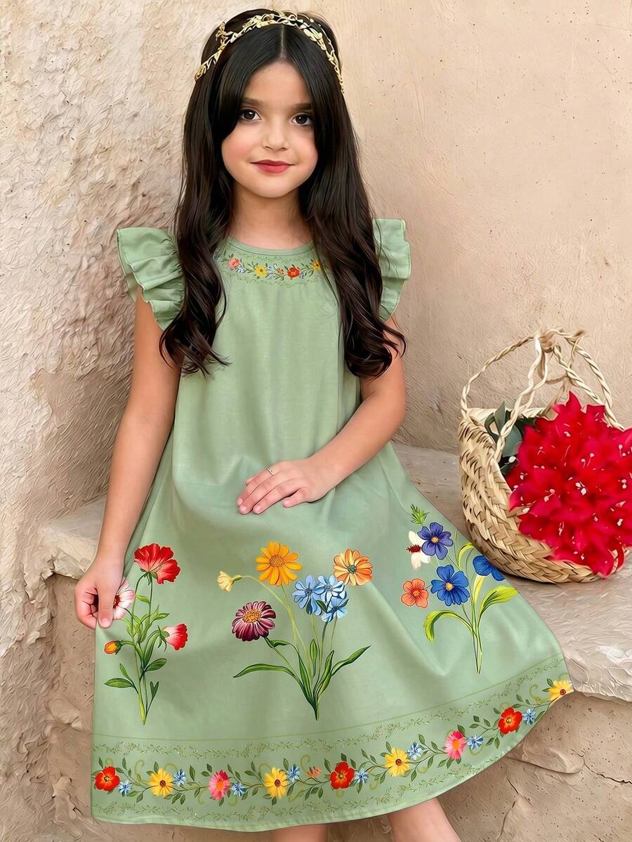 Tween girl wearing a sleeveless black tunic dress featuring a round neck, contrast lace details, and a straight hem.