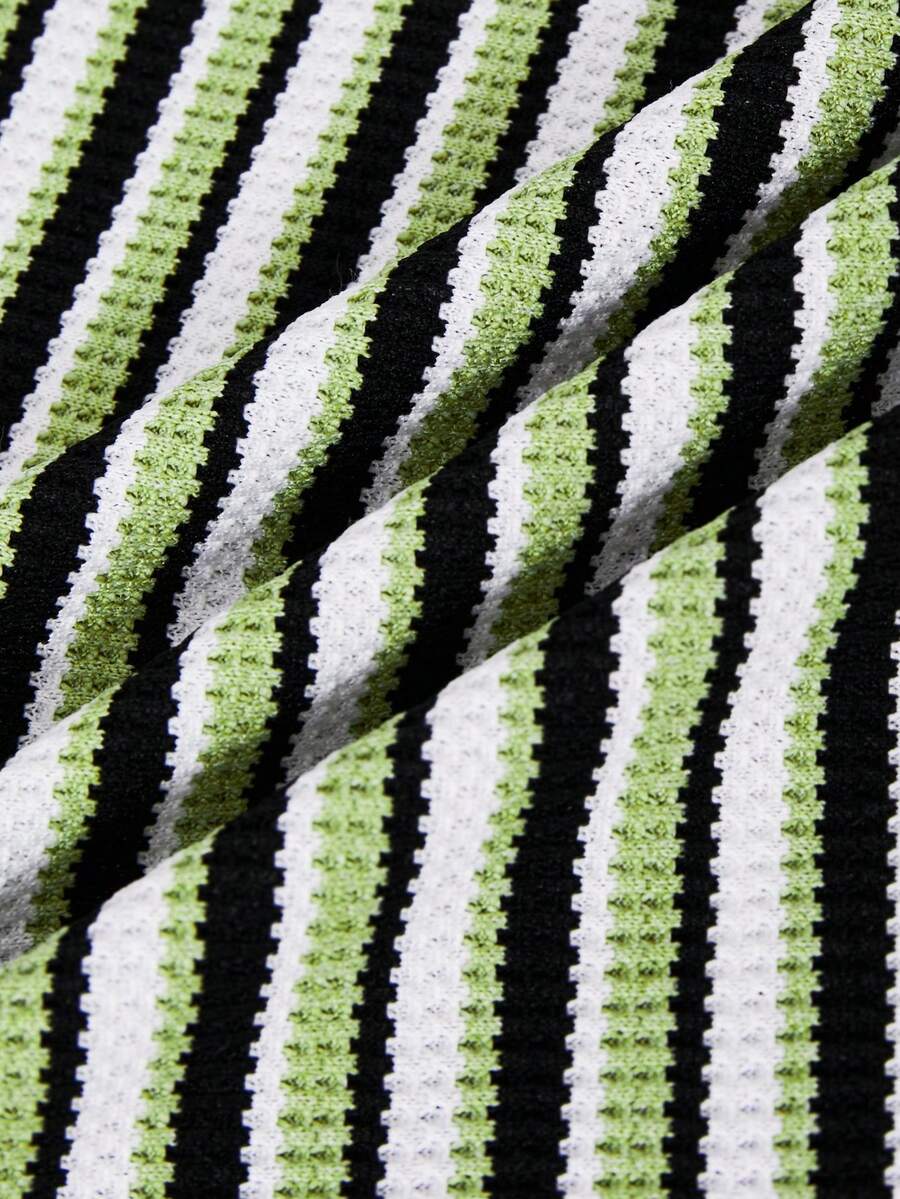 Tween girls black and white striped two-piece set featuring a spaghetti strap micro crop tank top with lettuce trim and ruffle hem paired with matching slim fit shorts.