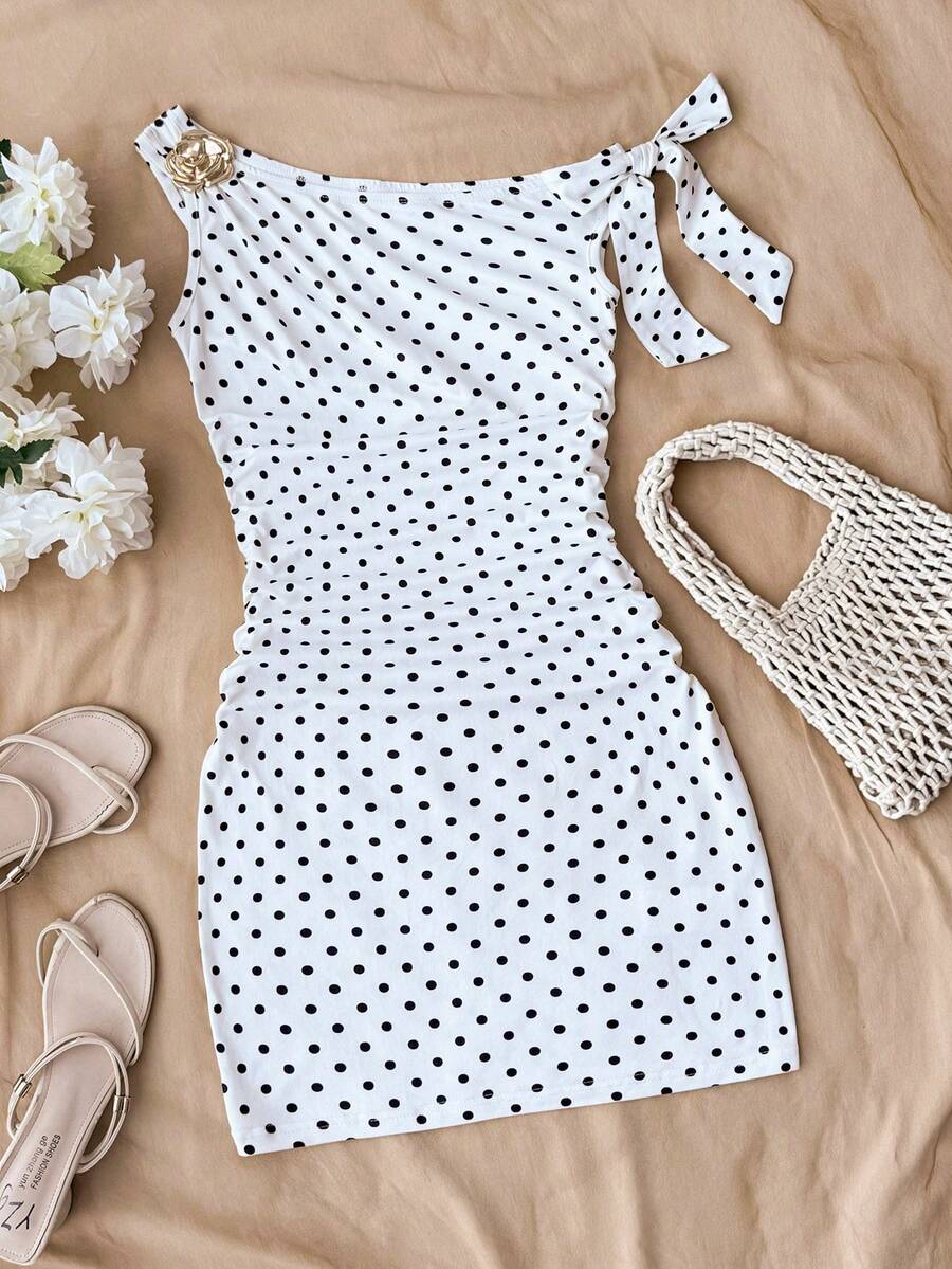 Yellow asymmetrical neck slim fit dress for tween girls with sleeveless design, plain textured knit fabric, natural waist, and pencil hem