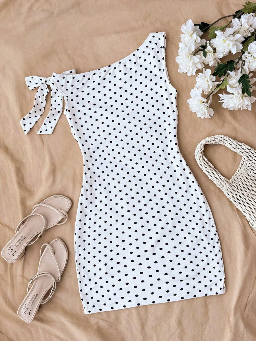 Yellow asymmetrical neck slim fit dress for tween girls with sleeveless design, plain textured knit fabric, natural waist, and pencil hem