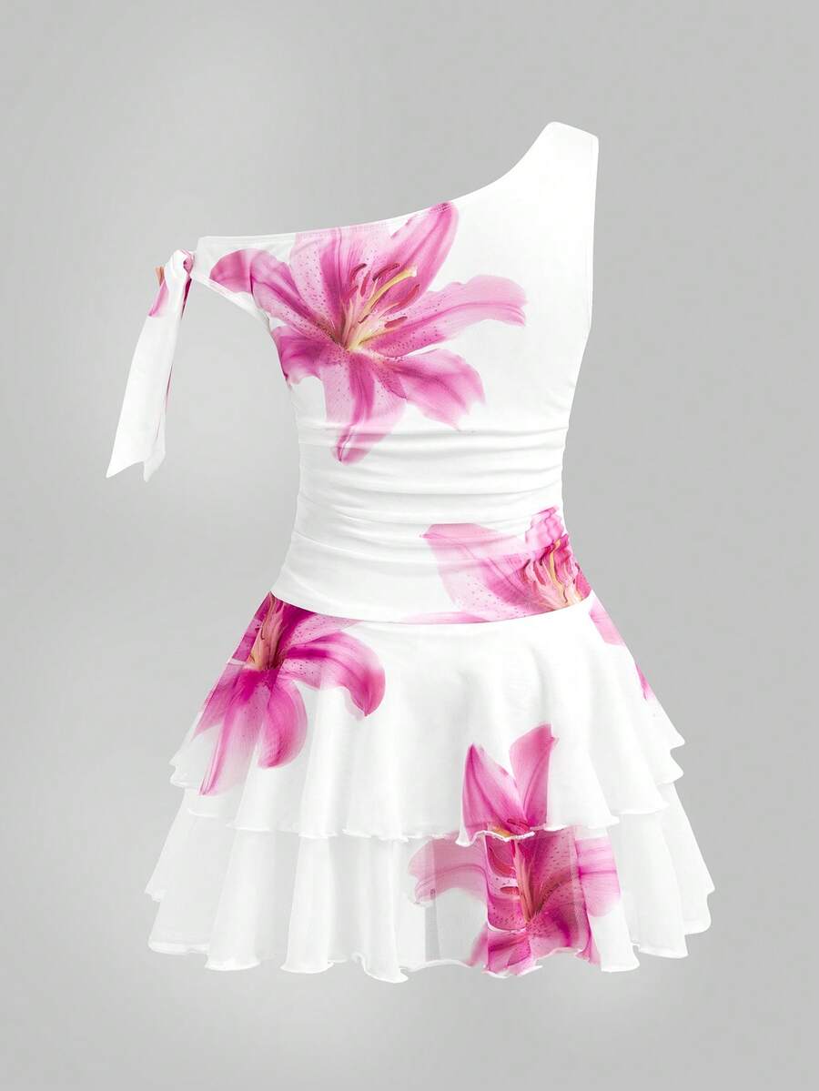 Tween girls sleeveless apricot A-line dress featuring an asymmetrical neck, contrast lace trim, and a flared hem.