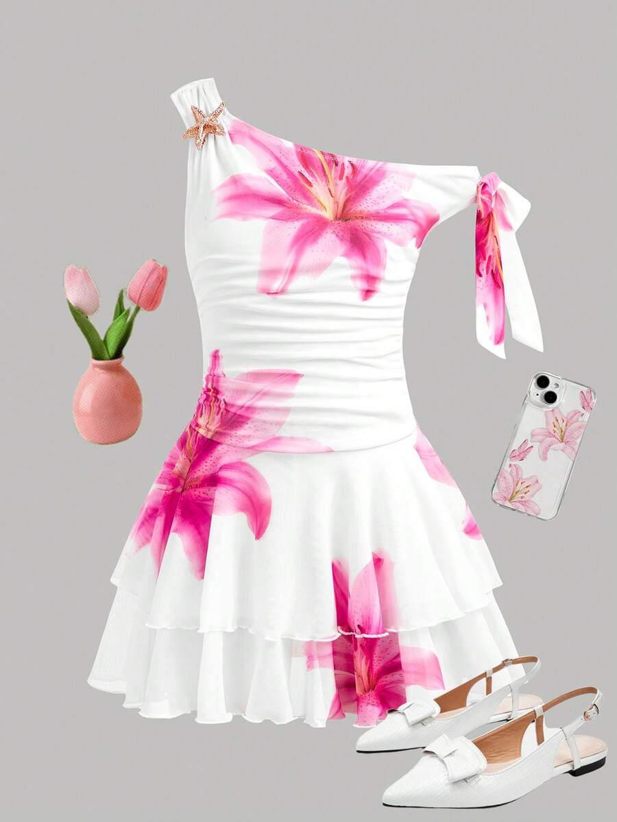 Tween girls sleeveless apricot A-line dress featuring an asymmetrical neck, contrast lace trim, and a flared hem.