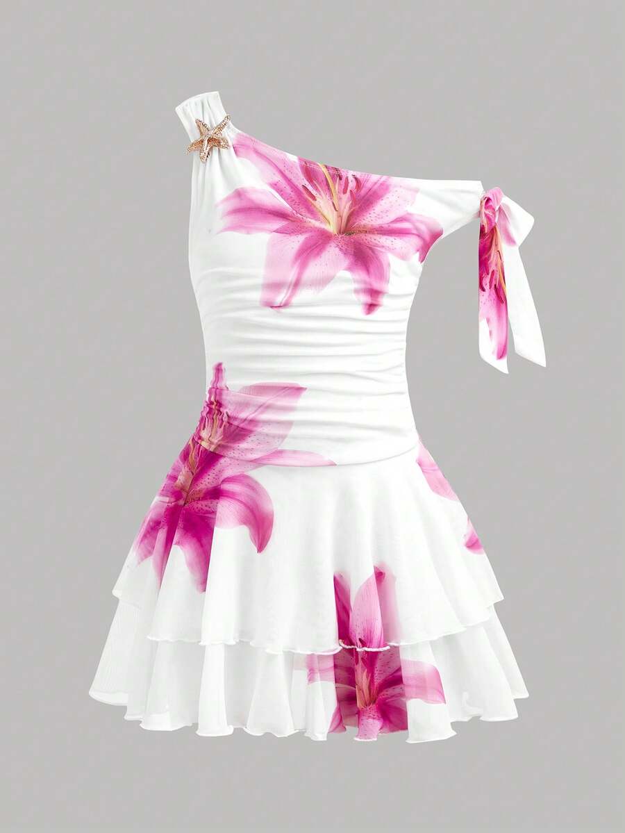 Tween girls sleeveless apricot A-line dress featuring an asymmetrical neck, contrast lace trim, and a flared hem.